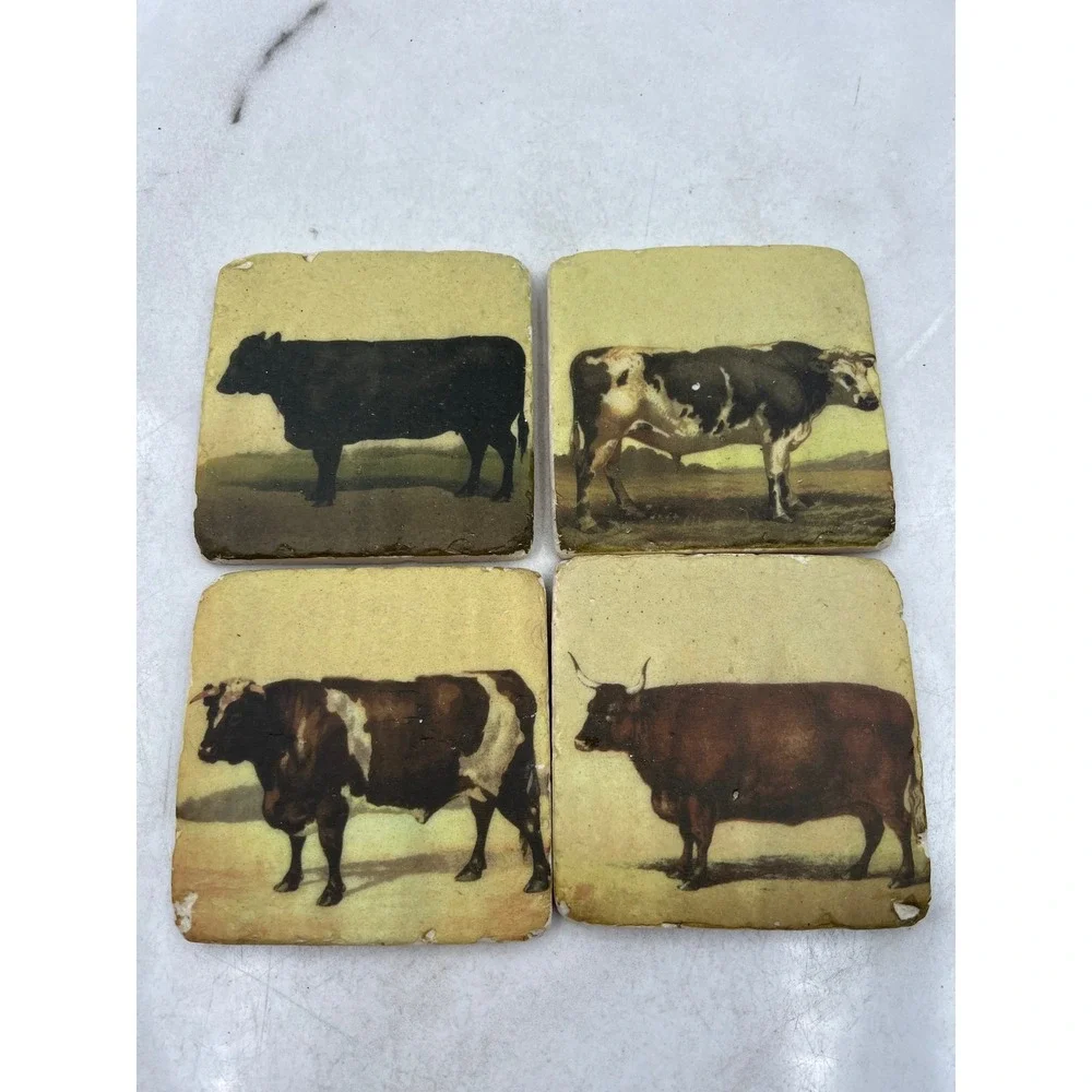 Ceramic Coasters Farmhouse Cow Bull Silhouette Country Kitchen Decor Set 4